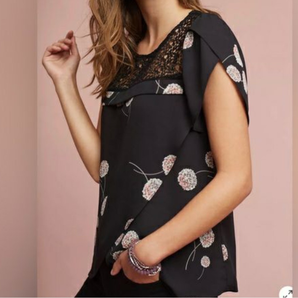 Anthropologie Maeve Black Dandelion blouse with Lace Detail XL